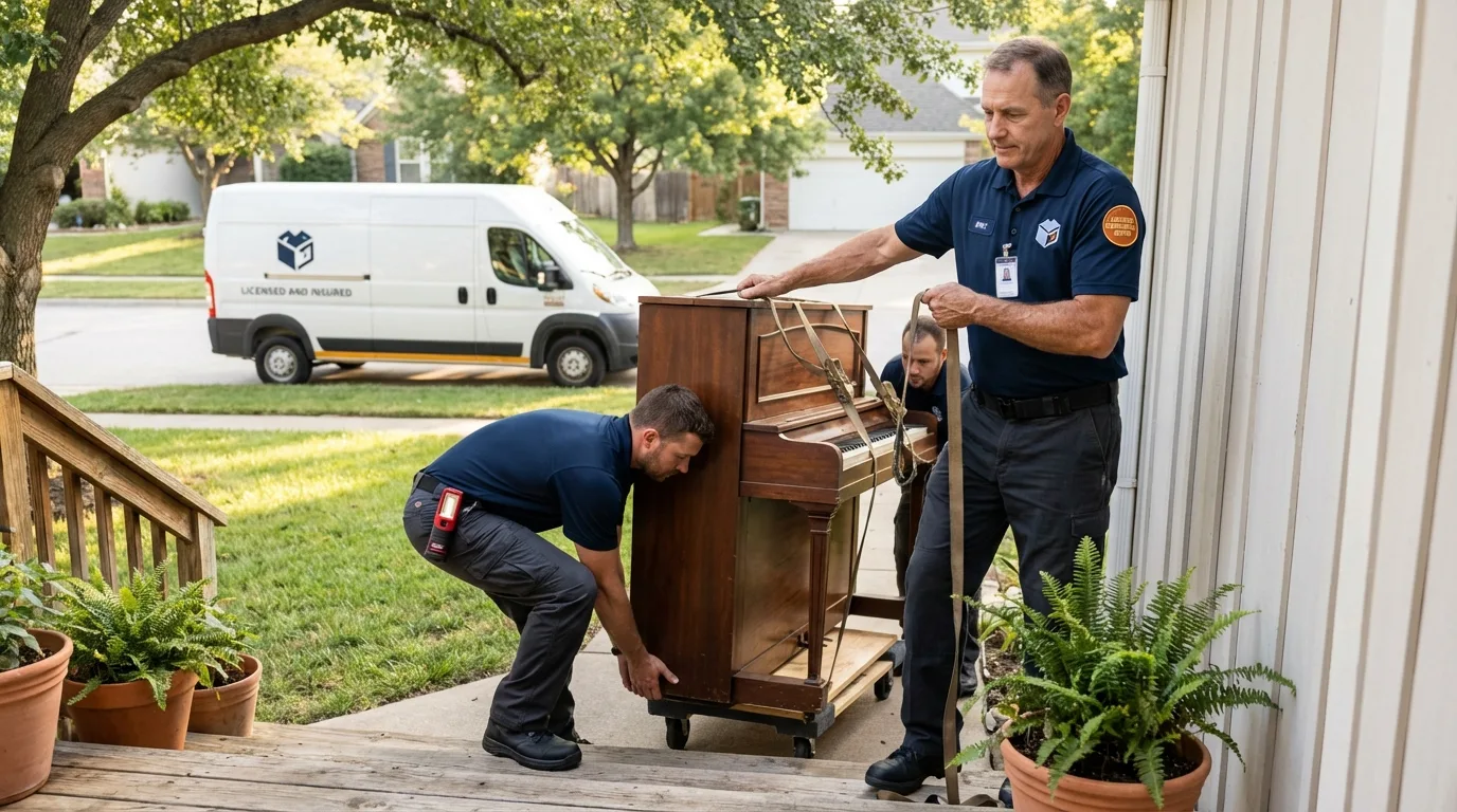 Licensed piano movers securing grand piano in Waimanalo, HI