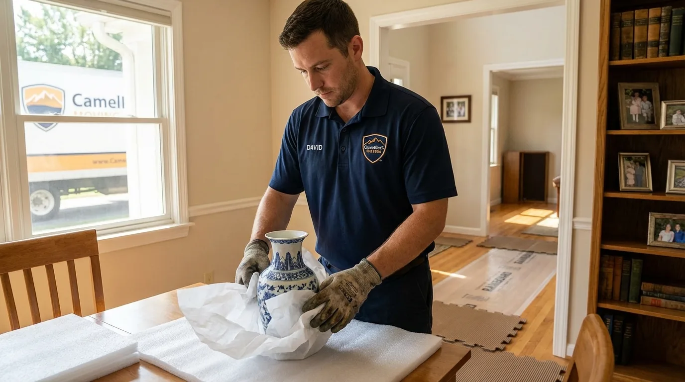 Professional crew carefully wrapping antique vase for senior downsizing move in Waimanalo, HI